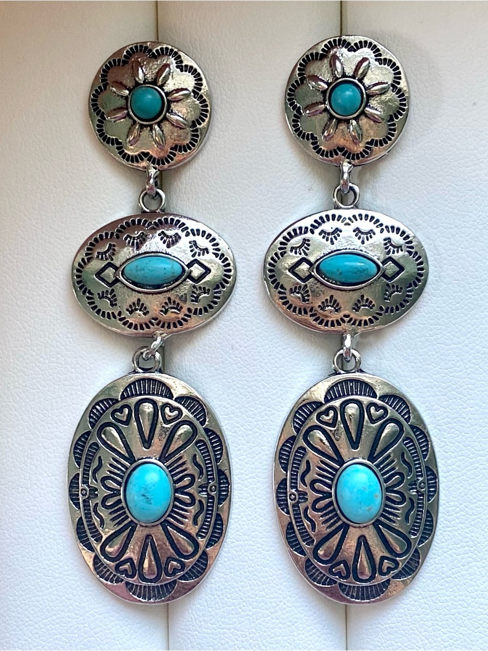 Turquoise Silver-Tone Floral Drop Earrings